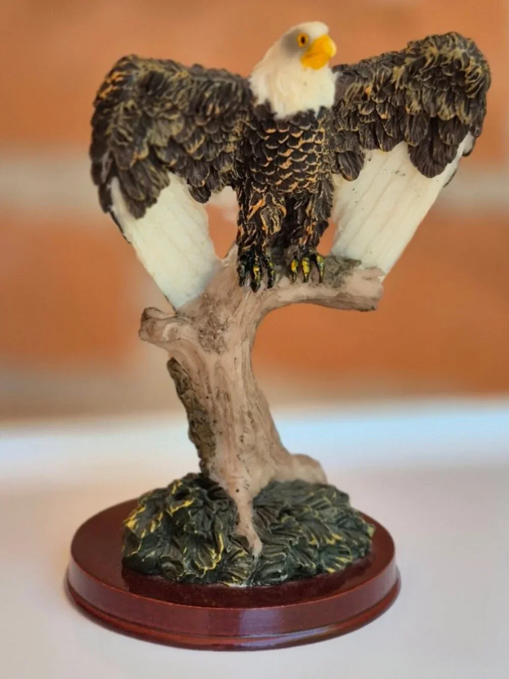 Vintage Sabre Resin Bald Eagle Wings Spread Pose on a Tree Stump Figurine